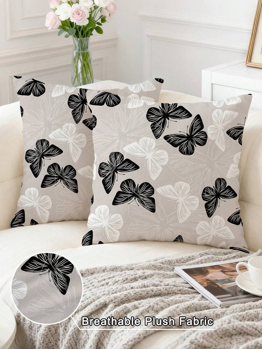 1pc Velvet Pillow Cover (Pillow Insert Not Included), Leaf Print, Suitable For Sofa, Bed, Car Seat, Window Seat, Loveseat, Living Room, Bedroom, Floor, Bench, Office, Cafe Etc. For Autumn Home Decor. Soft Fabric, Hidden Zipper, All Season Use. Pillow Cover (Pillow Insert Not Included), Machine Washable. - Black and White - View 1