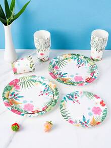 8pcs/Set White Background Green Leaf Red Flower Disposable Plate And Cup Set, Plates And Cups Party Supplies, Suitable For 8 Guests, Disposable Paper Plates Party Tableware For Birthday, Wedding, Theme Party, Family Picnic - Multicolor - View 5