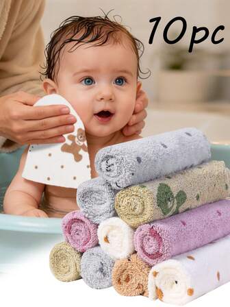 10-delat set med söta björnar och babyhanddukar (30 x 30 cm) - Mjuka, mycket absorberande tvättlappar, raplappar, ansiktshanddukar och barnnäsdukar, dagligt hemmabruk, unisex för pojkar och flickor, mångsidigt för matning/bad/amning, perfekt present till nyfödda