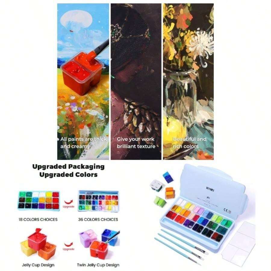 HIMI Gouache Paint Set, 36 Colorsx 12ml Twin Cup Design With 3 Paint Brushes And A Palette In A Carrying Case Artists, Students, Gouache Opaque Painting - 36 Colors - View 1