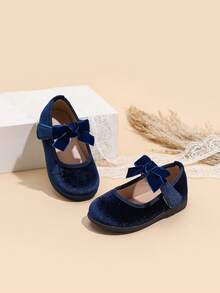 Velvet Bow Decor Everyday Baby Girl Shoes, Suitable For Autumn/Winter - Blue - View 3