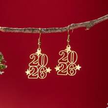1 Pair Women's Stainless Steel Hollow 2026 New Year Celebration Earrings, Elegant Gold Color