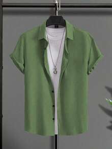 Men's Solid Color Minimalist Casual Button-Up Short Sleeve Shirt - Green - View 3