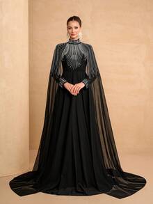 YISIKADO 女士奢华水晶装饰披肩式正式晚礼服，高领长袖舞会礼服，适合正式场合、婚礼、盛大晚宴、毕业典礼、庆典、音乐会、舞会等。 - 黑色 - 查看 2