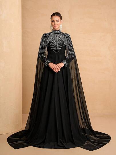 YISIKADO Lyxig kristallprydd sjalformell aftonklänning för kvinnor, balklänning med hög hals och långa ärmar, lämplig för formella tillfällen, bröllop, galor, examen, ceremonier, konserter, baler