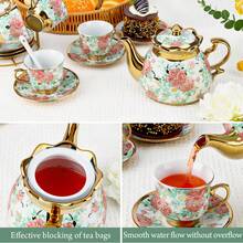 Juego de té de cerámica europea para adultos, 20 piezas de porcelana con soporte de metal, taza y platillo de flores con soporte, taza y platillo vintage con motivos florales para regalo, hogar, fiesta, boda (blanco) - Verde - Ver 4