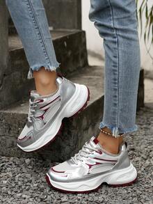 女士厚底厚底运动鞋，时尚保暖内里，多功能新款厚底休闲系带低帮鞋 - 酒紅色 - 查看 3