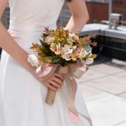 Wedding Flowers Bouquets Mesh Bow Tassels Artificial Silk Like Floral For Bridal And Bridesmaid