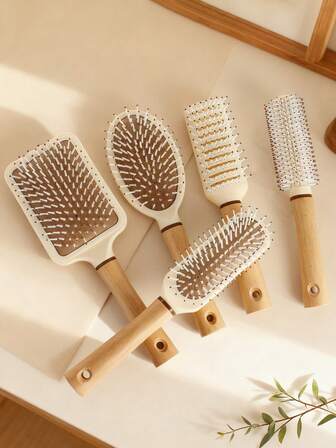 气垫发梳，1/2 件/套，木质和硅胶材质，气垫梳，滚轮梳，肋梳，空心梳，耐高温，多功能，超柔软长柄梳，适合个人和美发师使用，适用于卷发或直发。