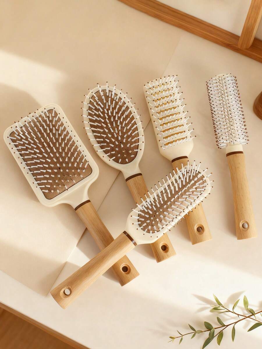 气垫发梳，1/2 件/套，木质和硅胶材质，气垫梳，滚轮梳，肋梳，空心梳，耐高温，多功能，超柔软长柄梳，适合个人和美发师使用，适用于卷发或直发。