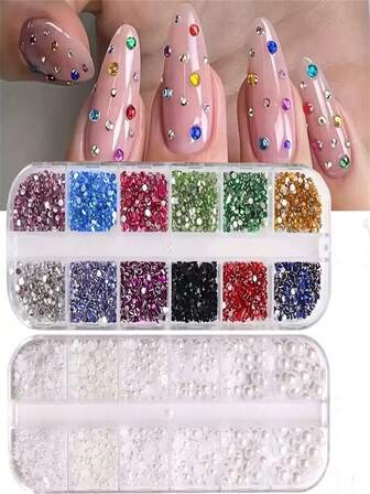 混合AB彩钻、扁平钻石、彩虹色半圆珍珠、长方形美甲装饰套装