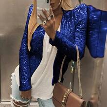 2025 Spring New Women's Fashion Stand Collar Solid Color Sequin Jacket Short Casual Versatile Small Jacket - Biru - View 5