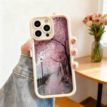 Cubierta de teléfono con borde negro y diseño de cerezos en flor rosa camino mojado con farolas para uso diario y ocasiones románticas - Blanco - Ver 2