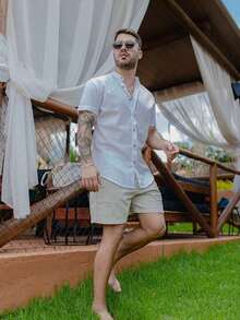 Men's Short-Sleeve Shirt With Mandarin Collar And Linen-Look - Assorted Colors - Comfortable - Clear - View 3