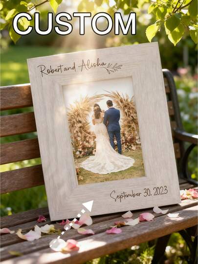 Personalized Name Text Wedding Photo Frame, Customized Engraved Wooden Frame, Engagement Frame, Horizontal & Vertical Universal Engraved Family Photo Frame, Couple Frame, Graduation Gift (For Her), Valentine's Day Decor, Multi-Functional, Decorative, Mildew-Proof, Reusable, Cute, Retro, Colorful, Customizable, Personalized, Unique, Ideal Gift For Him, Bedroom Refresh Birthday Gift