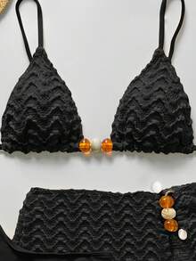 Bikinx 三件套女士波浪纹露背性感比基尼套装，含吊带上衣和纱笼裙，适合夏季海滩度假 - 黑色 - 查看 4