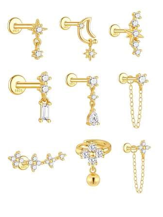 SereneSpark 1 pieza Pendiente de cartílago asimétrico de flor de luna de estrella de plata de ley 925 con parte posterior plana para uso diario, boda, fiesta, compromiso, aniversario, Día de San Valentín