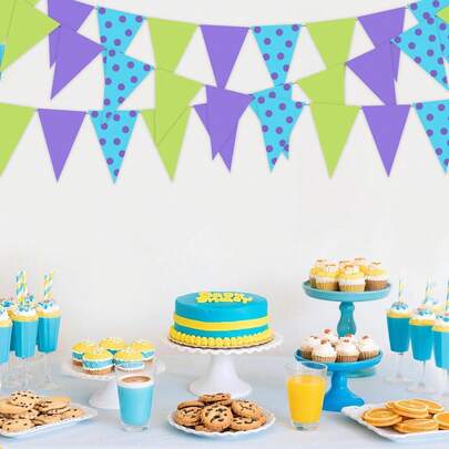 12-Piece Monster Blue Polka Dot Triangular Flag Birthday Party, Simple And Fresh, Suitable For Outdoor Camping And Dining, Essential Background Decoration For Family Birthday Party Photos