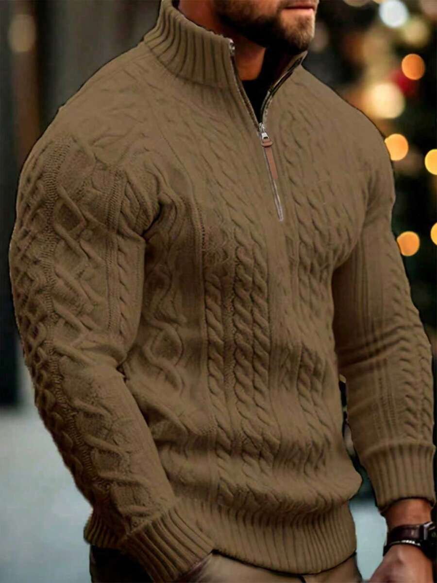 Men's Casual Solid Color Half-Zip Turtleneck Cable Knit Sweater, Autumn/Winter - Khaki - View 1