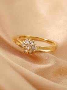 Cubic Zirconia Flower Decor Ring Valentines,Mom,Mother,Mother's Day,Gift - Yellow Gold - View 4