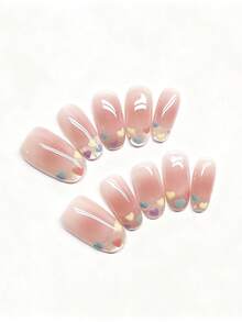 10 móng giả dán thủ công nguyên chất, móng dài, móng oval với màu hồng nude trong suốt làm nền, mang lại vẻ tự nhiên và mềm mại. Họa tiết hình trái tim vẽ tay với nhiều màu sắc khác nhau như xanh nhạt, vàng nhạt, tím nhạt và đỏ nhạt được thể hiện trong bộ sưu tập màu Macaron. Dụng cụ làm móng - Màu Hồng baby - Xem 2