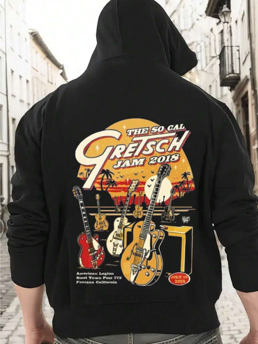 Men'S Gretsch Guitar & Sunset Palm Trees Amp Graphic Hooded Sweatshirt - Vintage 1950s Retro Design With Gretsch Logo, Fleece-Lined Casual Pullover - 黑色 - 查看 1