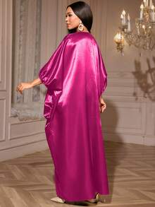 AOMEI 奢华女士玫红色缎面非洲布布连衣裙，亮片褶裥点缀，深V领闪亮长款晚礼服，适合晚宴、婚礼宾客等场合。 - 玫紅色 - 查看 6