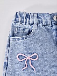 Young Girl Bow Embroidered Pocket Wide Leg Loose Jeans - Blue - View 4