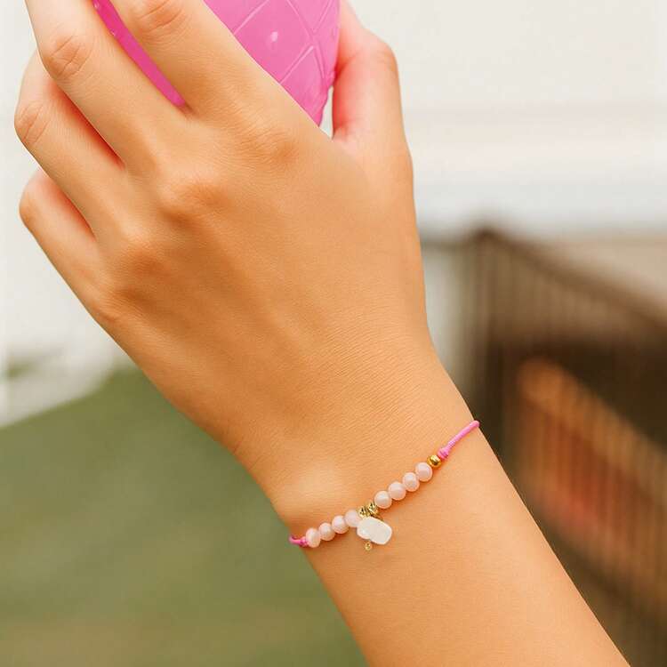 1PC Casual Personalized Copper Bead Bracelet, Crystal Bracelet, Gold Bead Bracelet, Heartbracelet, Pink Braided Bracelet, Adjustable Bracelet, Stackable Bracelet, Couple Bracelet, Sisters Bracelet, Friend Gift, Birthday Gift, Christmas Gift, Mother's Day Gift, Teacher's Day Gift - Multicolor - View 1