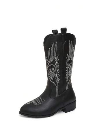 Nya cowgirlstövlar i västerländsk stil för kvinnor, utomhusmode, avslappnade plusstorlekar med V-skurna broderade retrostövlar