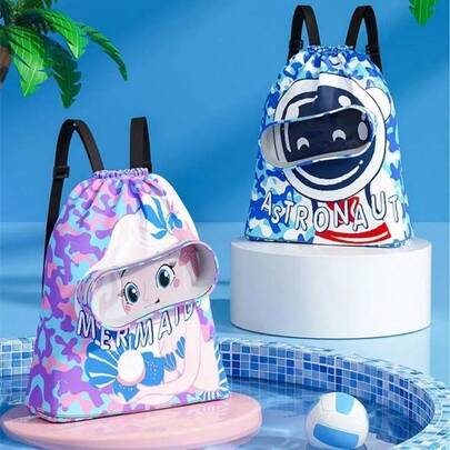 1pc Waterproof Cartoon Beach Bag, Wet & Dry Separation - Durable Polyester, Ideal For Outdoor Recreation And Swimming
