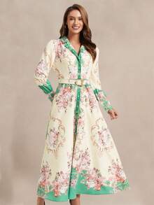 New Chinese Style Sweet Floral Print Stand Collar Lantern Sleeve High Waist Maxi Dress, Suitable For Women, Paired With Belt