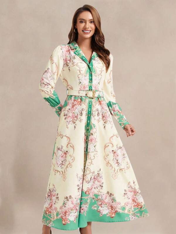 New Chinese Style Sweet Floral Print Stand Collar Lantern Sleeve High Waist Maxi Dress, Suitable For Women, Paired With Belt