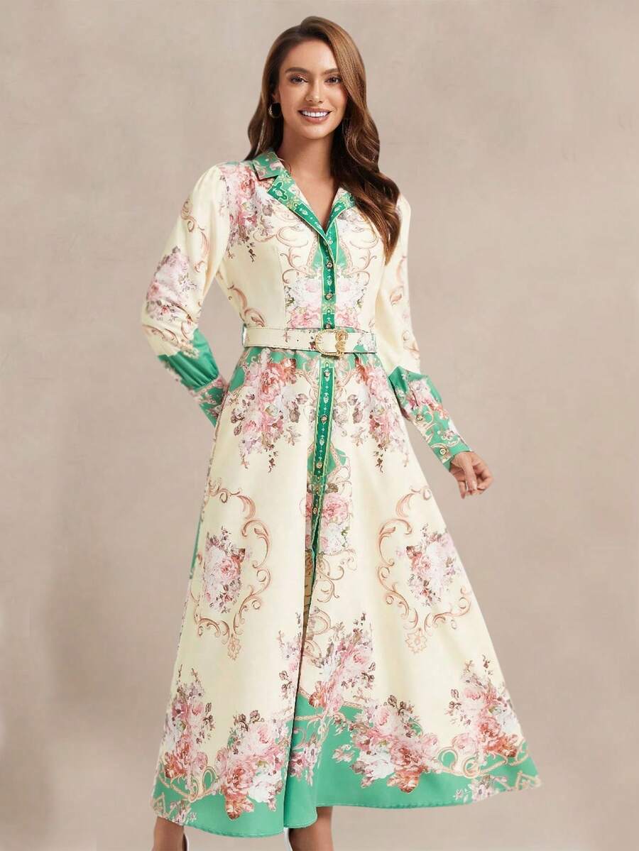 New Chinese Style Sweet Floral Print Stand Collar Lantern Sleeve High Waist Maxi Dress, Suitable For Women, Paired With Belt