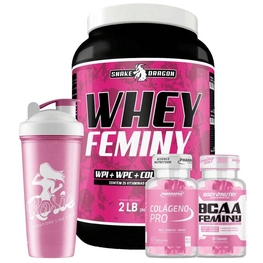 SNAKE DRAGON Whey Snake Feminy Kit 907g + BCAA Feminy 60 Capsules + Collagen Pro 60 Capsules + Rosie Shaker 600ml - Feminine Power: Complete Kit To Transform Your Body And Your Routine! Products Developed To Meet The Specific Needs Of The Female Body. - Vanilla - Xem 1