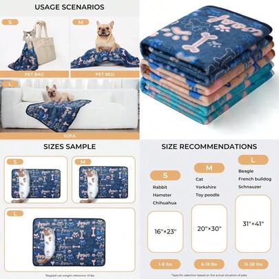 1 Pack 3 Blankets Fluffy Premium Fleece Pet Blanket Flannel Paw Bone Printed Throw For Dog Cat Small 23"X16" Khaki/Blue/Navy