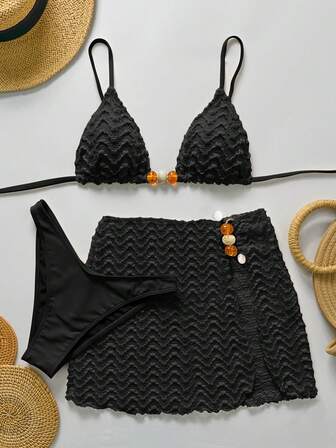 Bikinx 3 pièces Ensemble de bikini sexy dos nu à motif ondulé pour femmes, avec Top à bretelles fines et jupe paréo, convient pour les vacances à la plage en été