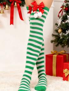 1双女士蝴蝶结、绒球和条纹过膝圣诞袜 - 綠色 - 查看 4