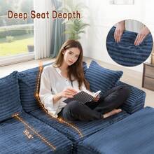 KORSER 108" Sectional Sofa, Modular Sectional Couch With L-Shape Chaise For Living Room, Comfy Corduroy Upholstered Fluffy Couch With Deep Seat And Side Pockets, Cloud Couch Sectional, No Assembly Required - 藍色 - 查看 4