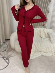 Conjunto de pijama de pantalón y top de manga larga con cuello en V, volantes y mangas acampanadas, de unicolor, grueso y cómodo para mujer, 2 piezas, otoño/invierno - Rojo - Ver 5