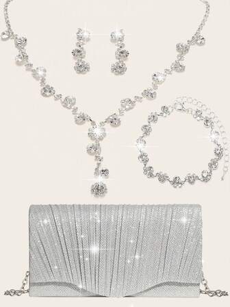 这款镶钻首饰套装包含项链、耳环和手链，搭配奢华信封手拿包，适合派对、浪漫婚礼、春夏链条单肩包、新娘包、正式舞会手拿包、优雅晚礼服包，完美适用于派对、婚礼、舞会、晚宴/宴会，可搭配节日派对礼服、晚礼服和亮片连衣裙。