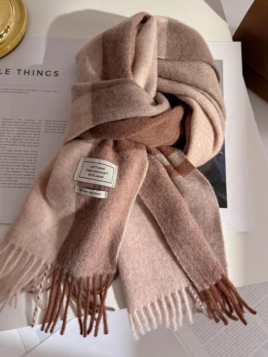 100% Wool Plaid Scarf, Versatile British Style Colorblock Warm Shawl Wrap, Winter - Khaqiq - View 1