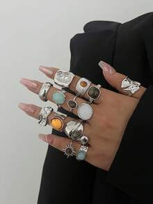 13件套时尚简约复古硬币戒指套装，镶嵌彩色仿宝石、仿虎眼石，不对称设计，适合女性佩戴，可用于度假、派对、婚礼、生日、节日、日常佩戴（不含包装盒） - 銀色 - 查看 11