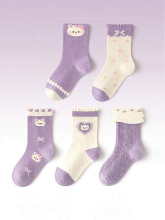 5双儿童袜子，可爱卡通猫咪图案，紫色和白色，时尚女童中筒袜，蕾丝花边，公主风格，适合平底鞋，韩国校服造型，适合3-12岁女童日常穿着