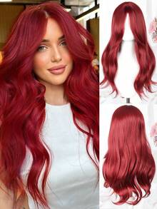 Red Long Curly Wavy Heat-Resistant Synthetic Wig With Bangs, Suitable For Daily Wear, Party, Cosplay, Christmas, Winter, Y2K Style - Multicolor - View 1