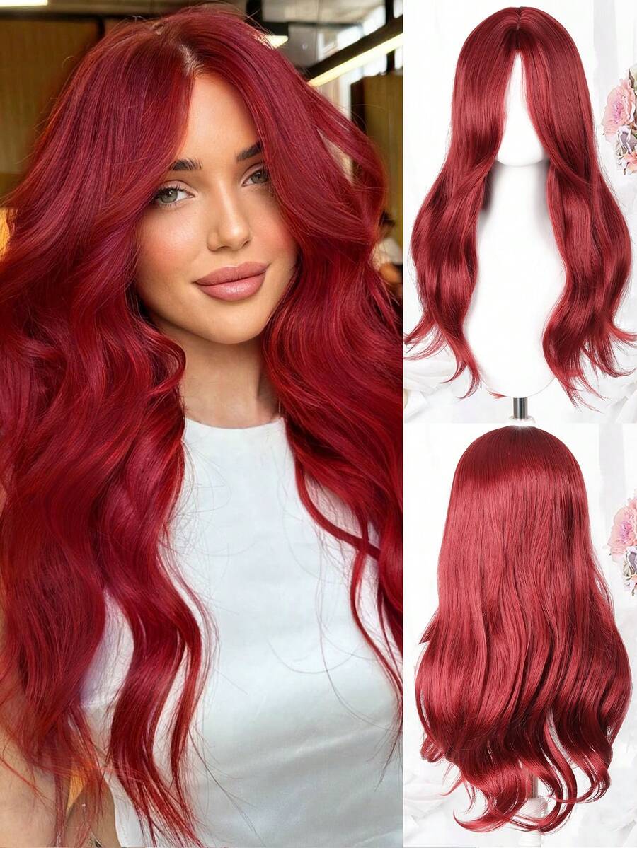 Red Long Curly Wavy Heat-Resistant Synthetic Wig With Bangs, Suitable For Daily Wear, Party, Cosplay, Christmas, Winter, Y2K Style - Multicolor - View 1