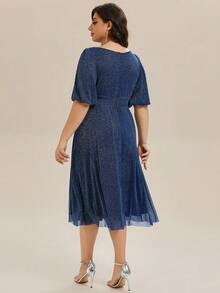 EVERPRETTY Vestido de invitada de boda de talla grande, elegante y minimalista, con cintura ceñida, con rayas metálicas plateadas y azul marino brillante, adecuado para ocasiones de boda semiformal - Azul Marino - Ver 2