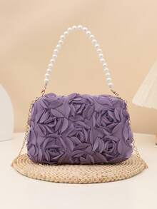 1pc Elegant 3D Rose Flower Shoulder Bag, Metal Chain Crossbody Bag, Faux Pearl Handbag, Women's Party Dress, Party Bag, Holiday Party Dress, Valentine's Gift, Bridal Bag, Bridesmaid Bag, Suitable For Party, Date, Wedding, Evening (Pattern Random) 1pc Fashionable Floral Handbag, Pearl Decor Chain Shoulder Bag, Floral Fabric, New Summer Fashion Women Bag, Versatile Crossbody Bag, Shoulder Bag, Lightweight Clutch Suitable For Party, Nightclub, Shopping, Date , Purple - Lilac Purple - View 4