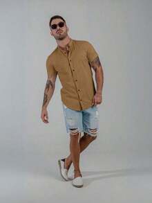 Men's Short-Sleeve Shirt With Mandarin Collar And Linen-Look - Assorted Colors - Comfortable - Apricot - View 3