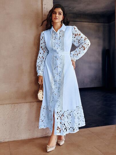 Simplee Plus Size Women's Elegant Lace Patchwork Front Button Long Dress, Suitable For Party And Vacation Wear, Spring/Summer